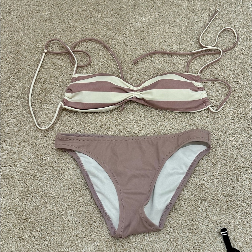 Striped Bandeau Bikini Set in Mauve and Cream